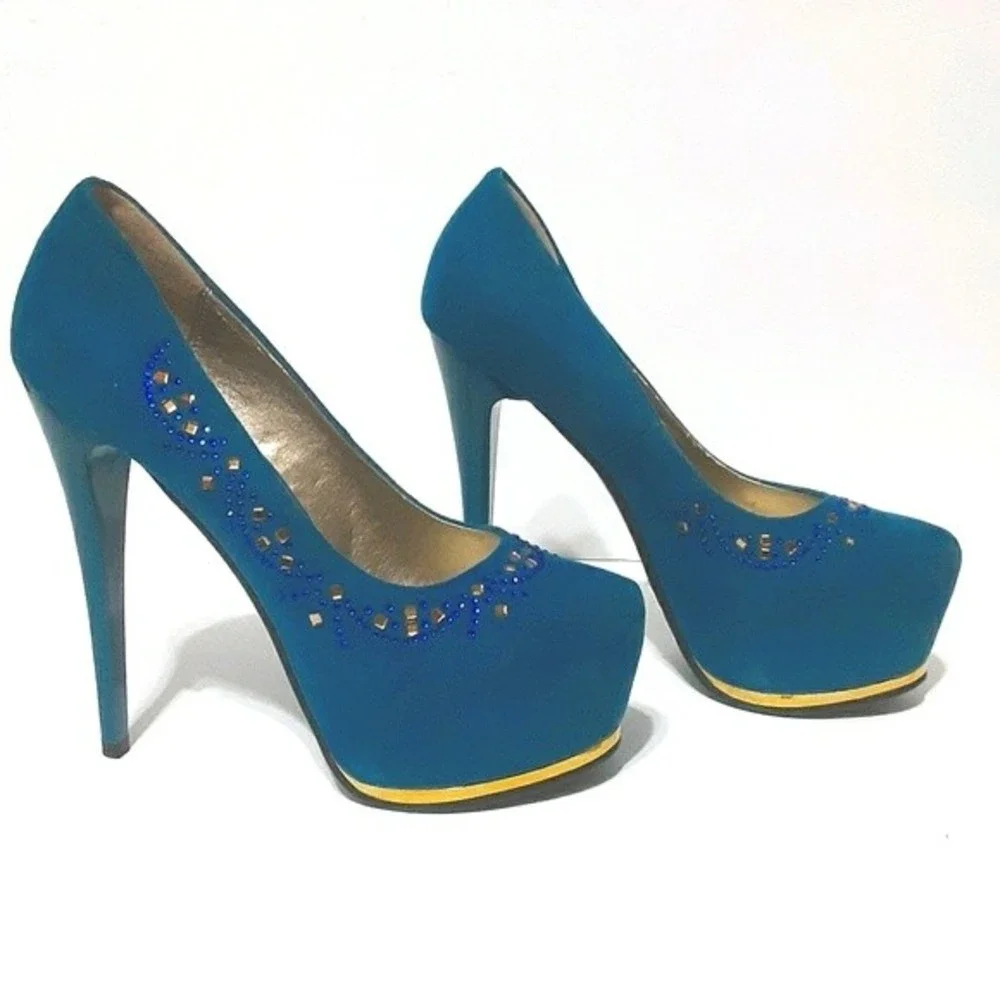 Memorata Celine Sapphire Blue Bejeweled Ultra High Stiletto Platform Heels US 6